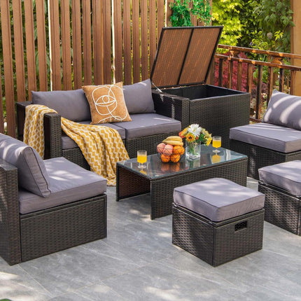 8 Pieces Patio Space-Saving Rattan Furniture Set with Storage Box and Waterproof Cover-Gray