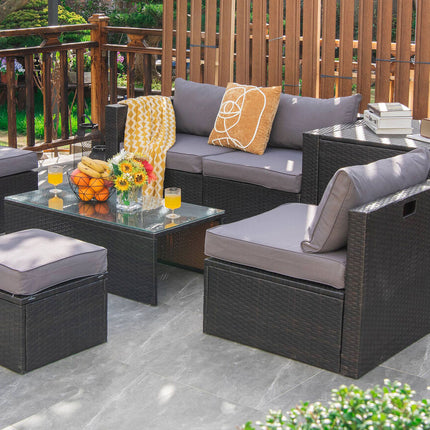 8 Pieces Patio Space-Saving Rattan Furniture Set with Storage Box and Waterproof Cover-Gray