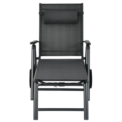 Patio Lounge Chair with Wheels Neck Pillow Aluminum Frame Adjustable-Gray