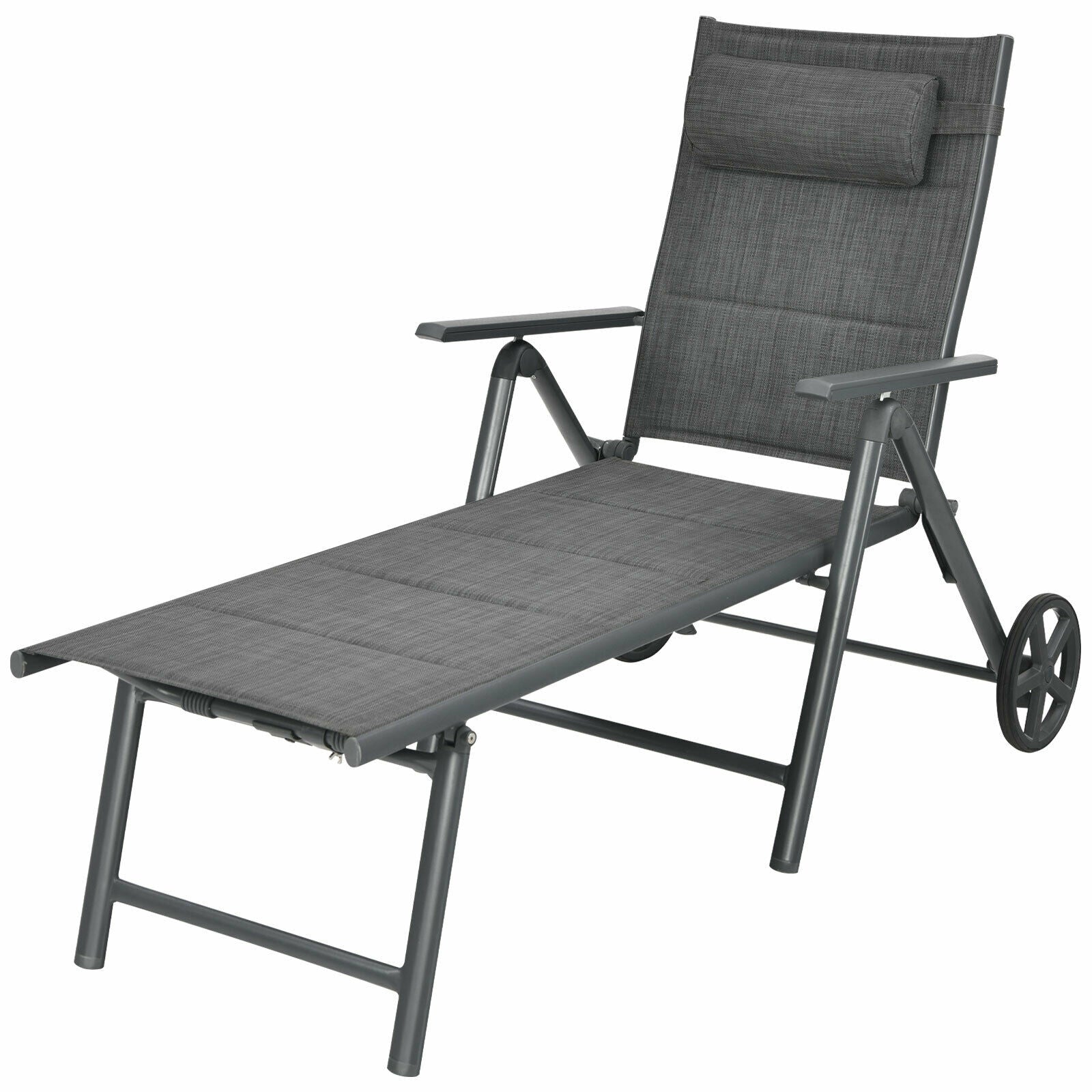 Chaise longue inclinable de patio avec oreiller cervical réglable - Gris