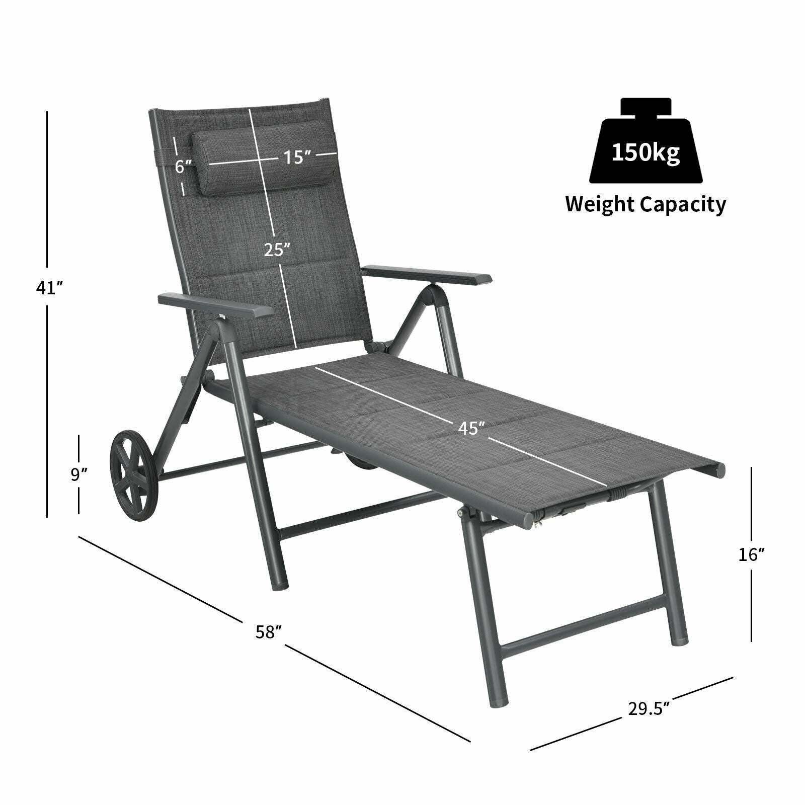 Chaise longue inclinable de patio avec oreiller cervical réglable - Gris