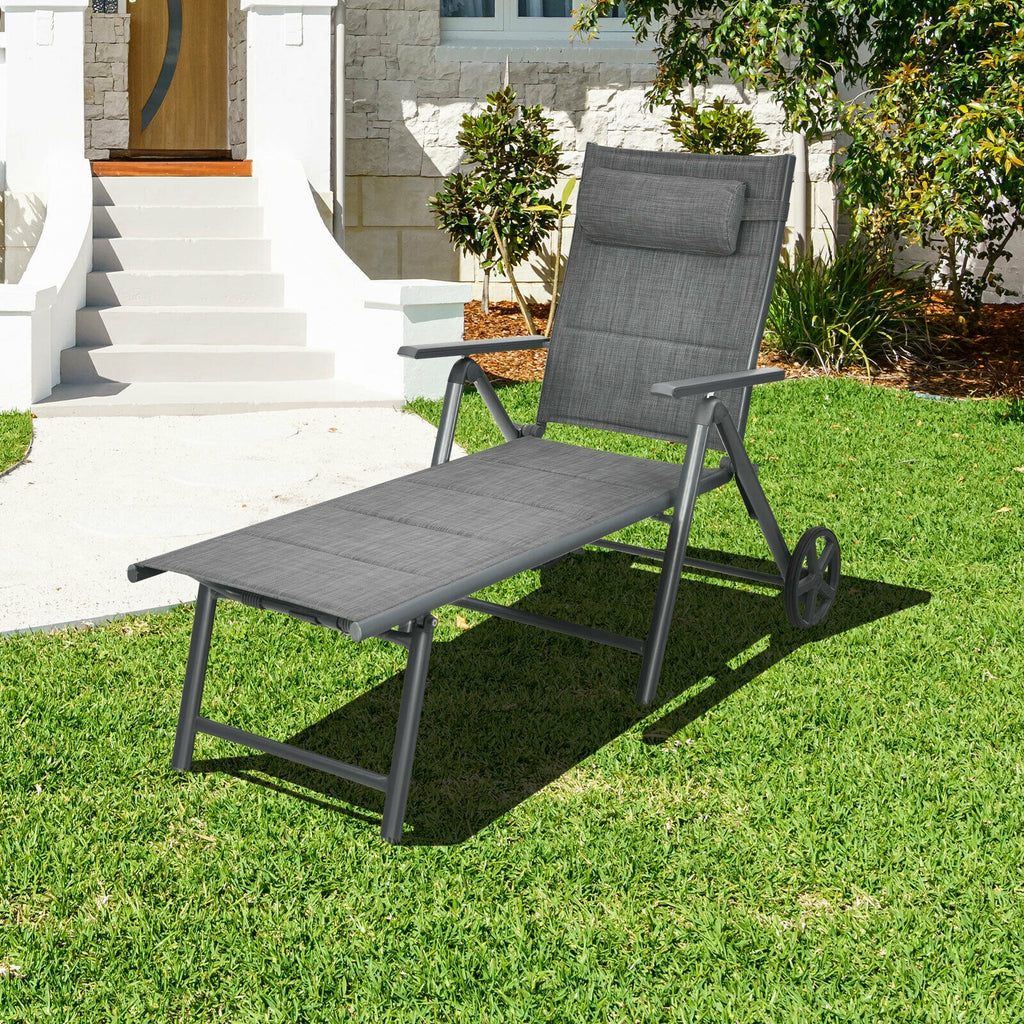 Chaise longue inclinable de patio avec oreiller cervical réglable - Gris