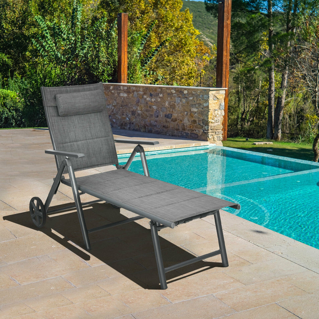 Chaise longue inclinable de patio avec oreiller cervical réglable - Gris