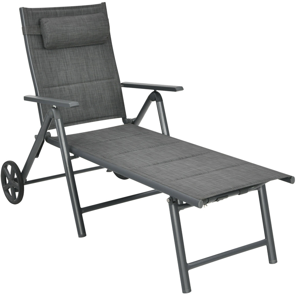 Chaise longue inclinable de patio avec oreiller cervical réglable - Gris