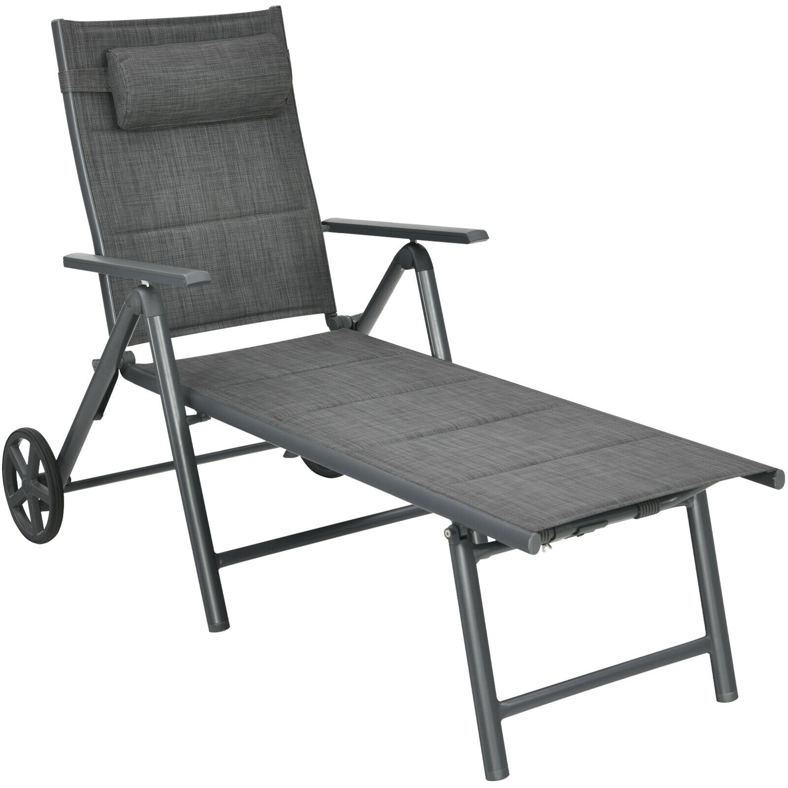 Chaise longue inclinable de patio avec oreiller cervical réglable - Gris