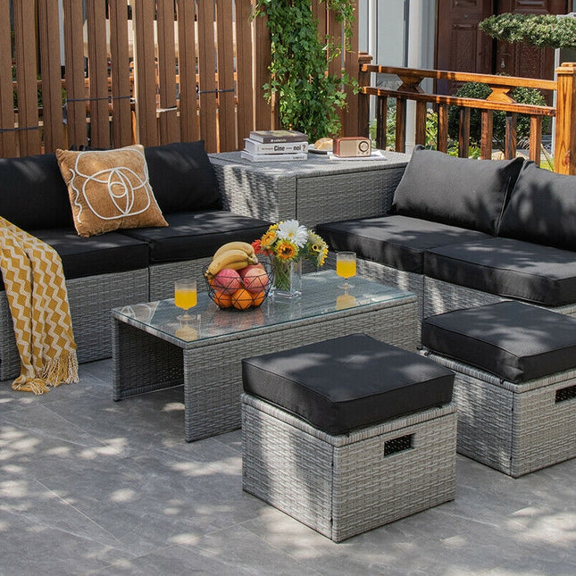 8 Pieces Patio Rattan Furniture Set with Storage Waterproof Cover and Cushion-Black