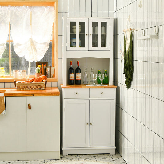 Kitchen Pantry Cabinet with Wood Top and Hutch-White