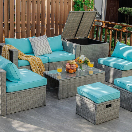8 Pieces Patio Rattan Furniture Set with Storage Waterproof Cover and Cushion-Turquoise