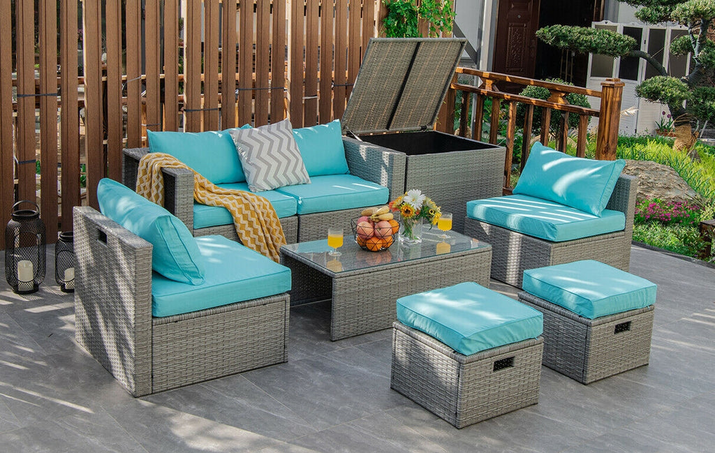 Ensemble de meubles de jardin en rotin 8 pièces avec housse de rangement imperméable et coussins - Turquoise
