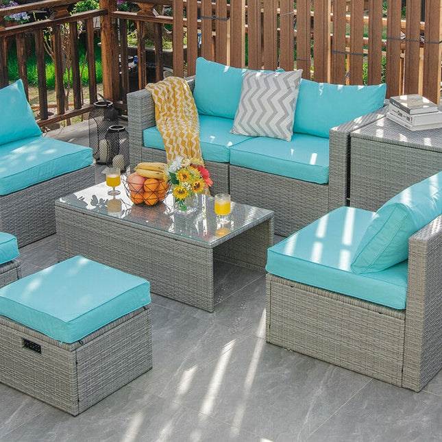 8 Pieces Patio Rattan Furniture Set with Storage Waterproof Cover and Cushion-Turquoise