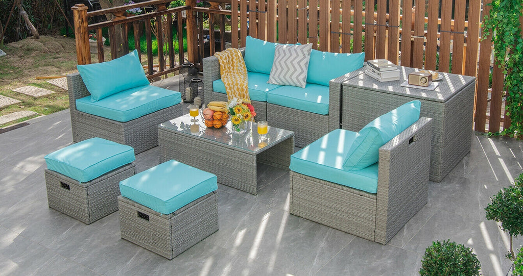 Ensemble de meubles de jardin en rotin 8 pièces avec housse de rangement imperméable et coussins - Turquoise