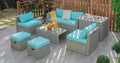 Ensemble de meubles de jardin en rotin 8 pièces avec housse de rangement imperméable et coussins - Turquoise