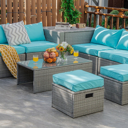 8 Pieces Patio Rattan Furniture Set with Storage Waterproof Cover and Cushion-Turquoise