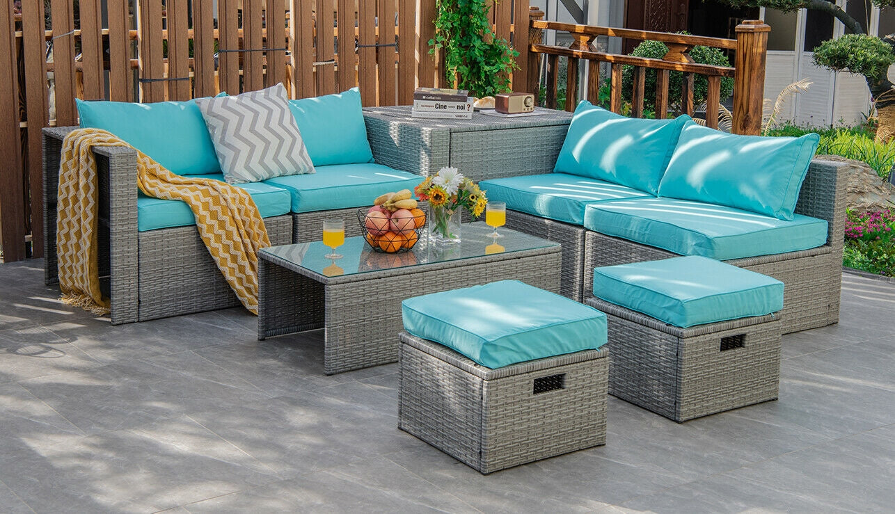 Ensemble de meubles de jardin en rotin 8 pièces avec housse de rangement imperméable et coussins - Turquoise
