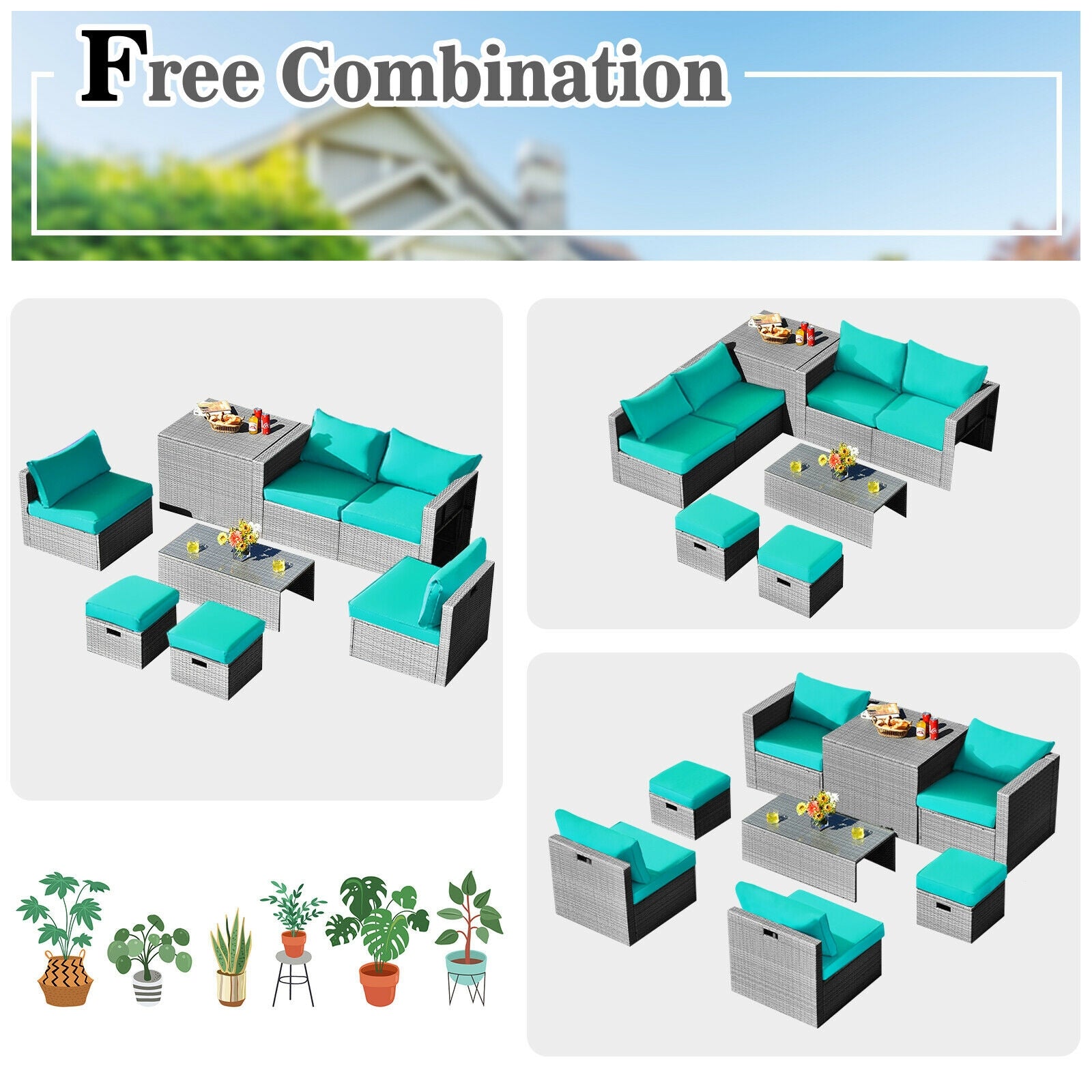 Ensemble de meubles de jardin en rotin 8 pièces avec housse de rangement imperméable et coussins - Turquoise