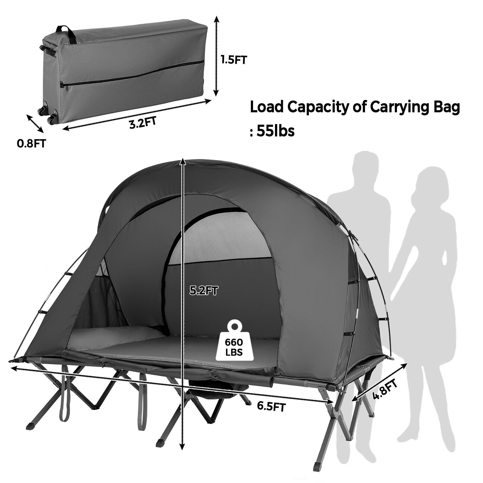 Tente de camping extérieure 2 personnes avec double-toit - Gris
