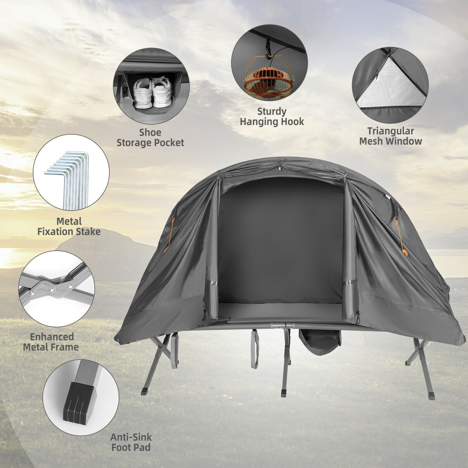 Tente de camping extérieure 2 personnes avec double-toit - Gris