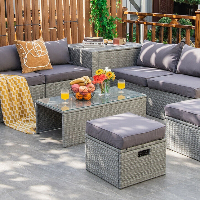8 Pieces Patio Rattan Furniture Set with Storage Waterproof Cover and Cushion-Gray