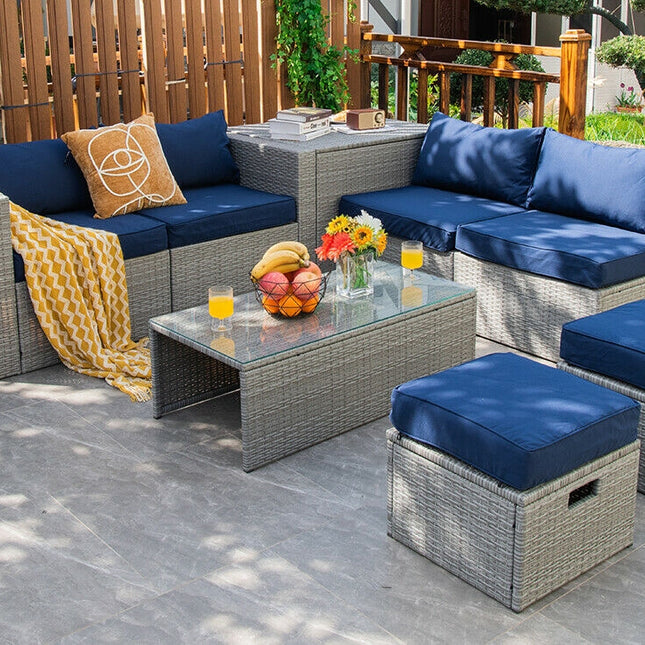 8 Pieces Patio Rattan Furniture Set with Storage Waterproof Cover and Cushion-Navy