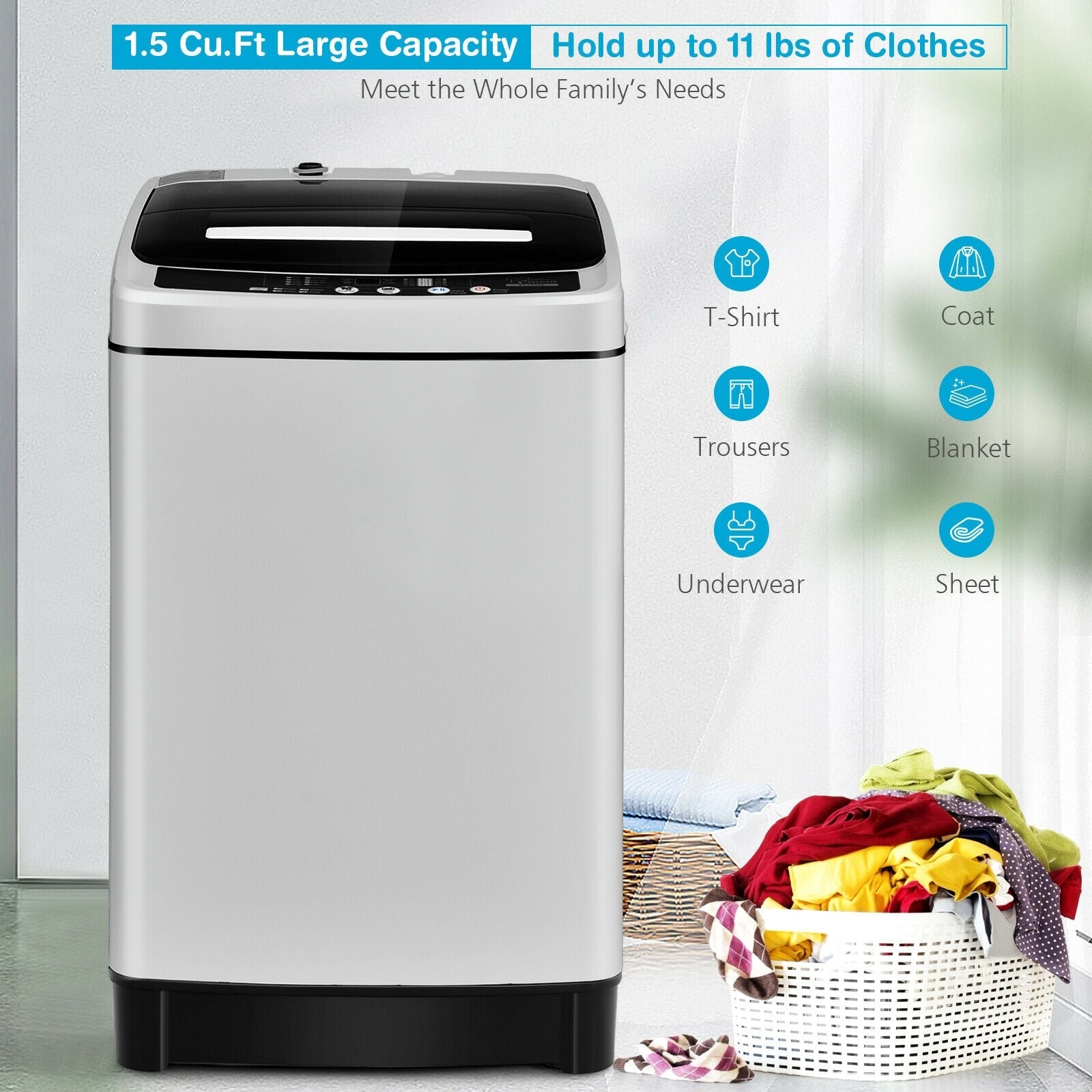 Full-Automatic Washing Machine 1.5 Cu.Ft 11 LBS Washer and Dryer-Gray