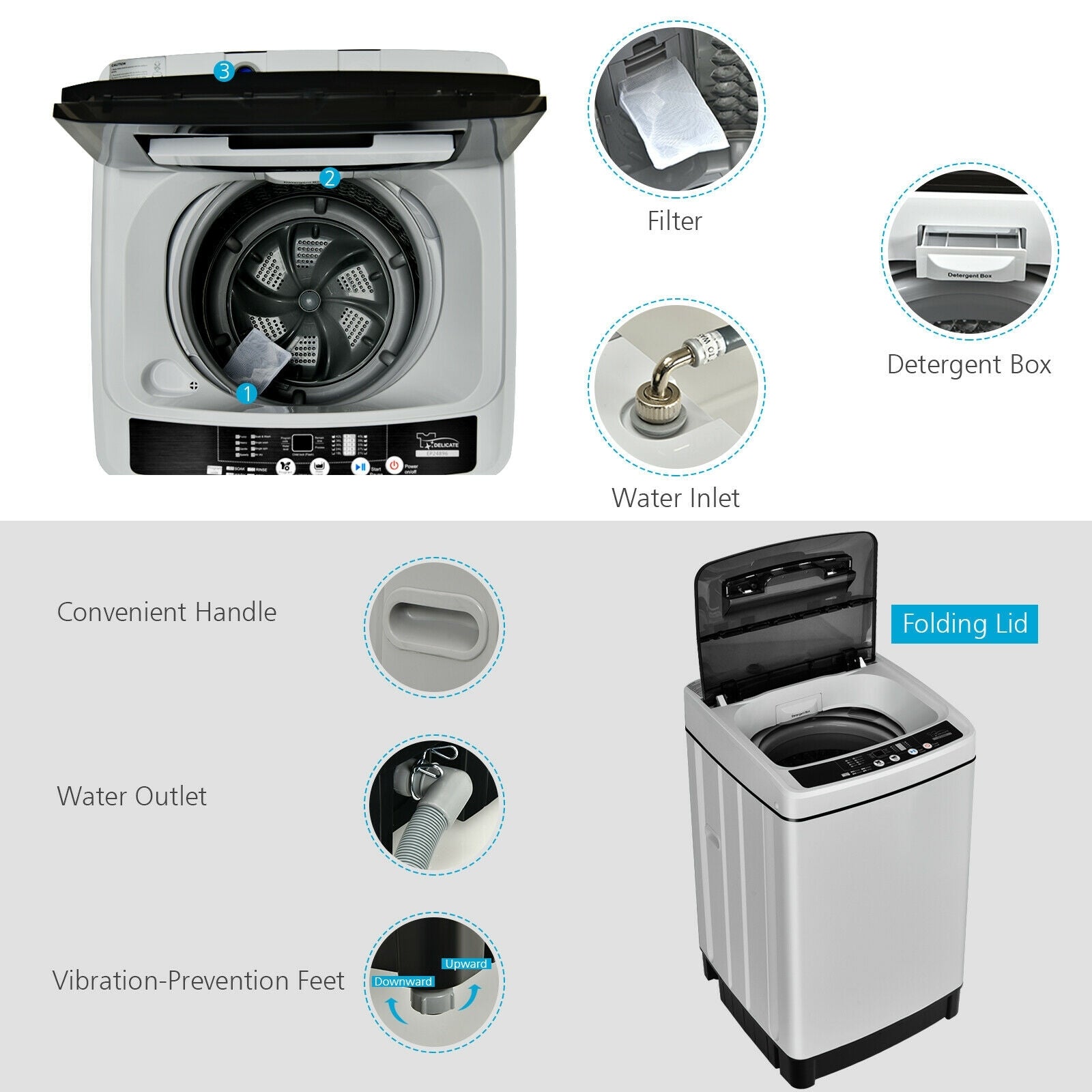 Full-Automatic Washing Machine 1.5 Cu.Ft 11 LBS Washer and Dryer-Gray