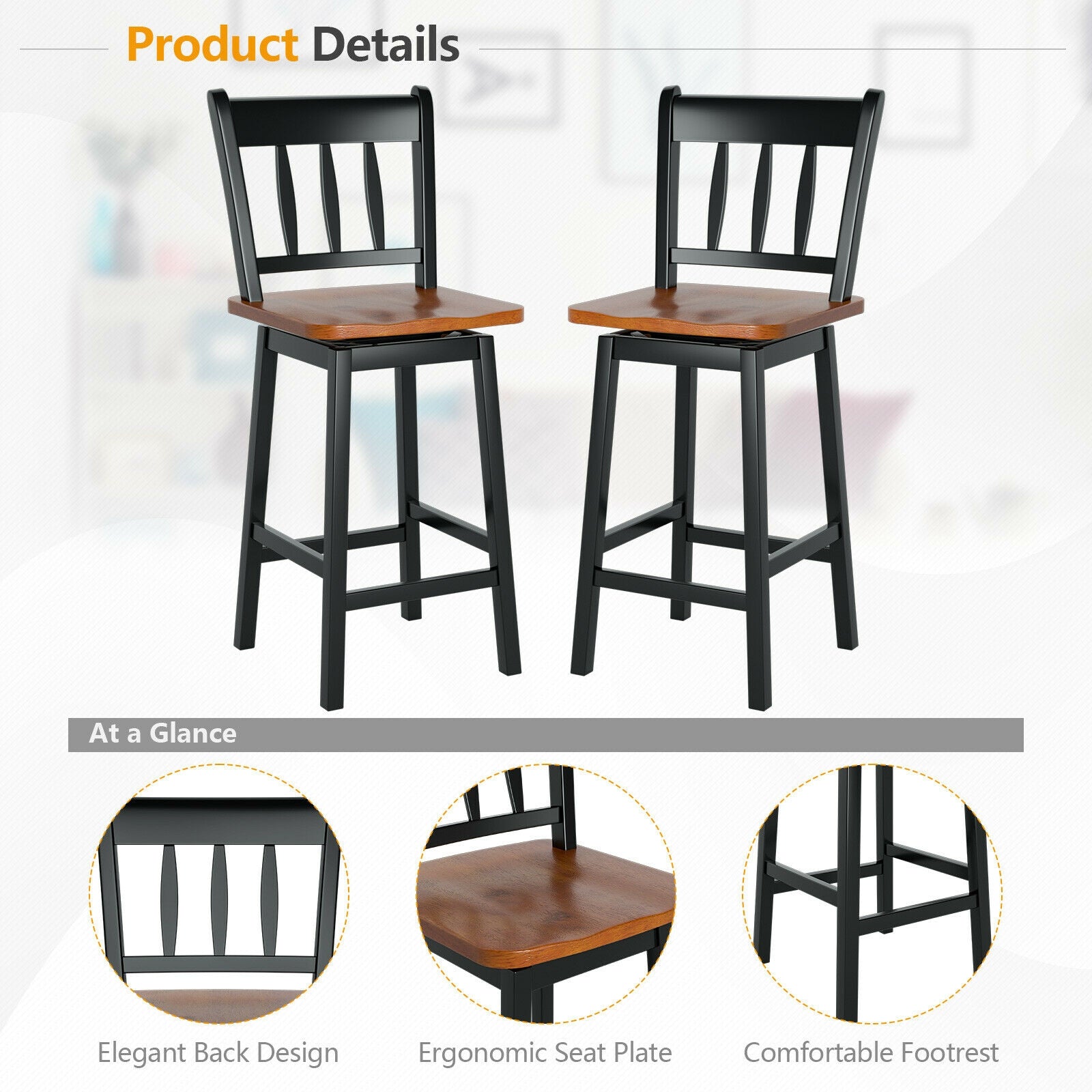 24.5 Inches Set of 2 Swivel Bar Stools with 360° Swiveling-Black