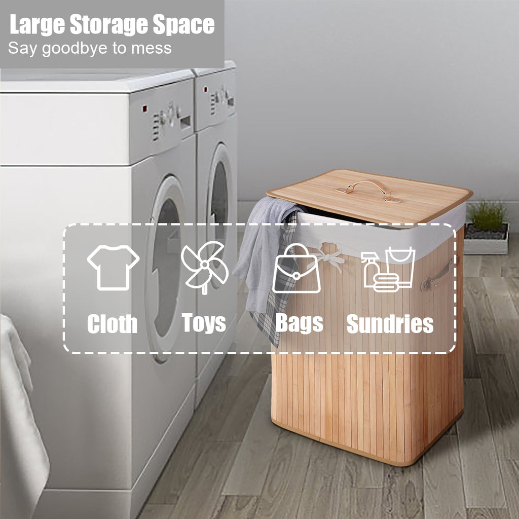 Rectangle Bamboo Hamper Laundry Basket Washing Cloth Bin Storage Bag Lid 3 color-Natural