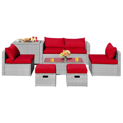 8 Pieces Patio Rattan Furniture Set with Storage Waterproof Cover and CushionRed