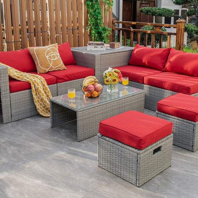 8 Pieces Patio Rattan Furniture Set with Storage Waterproof Cover and Cushion-Red