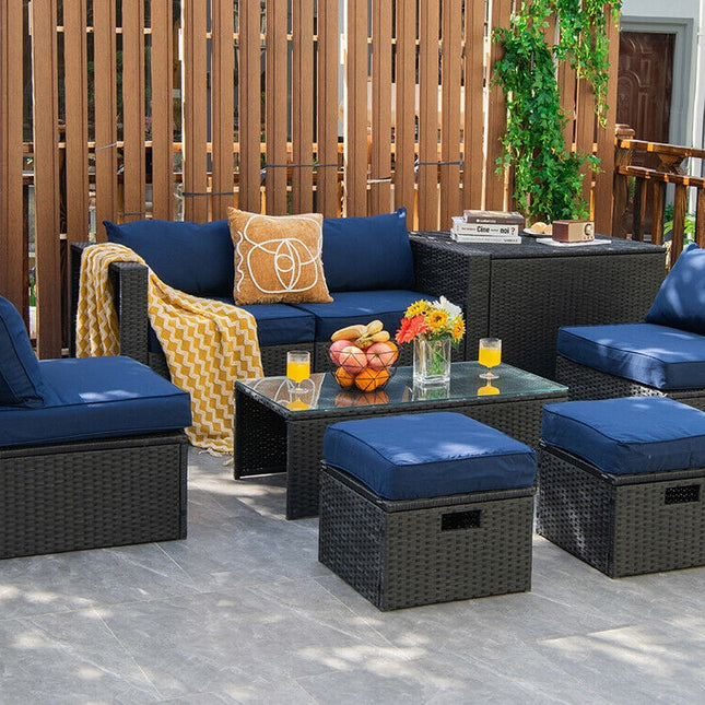 8 Pieces Patio Rattan Storage Table Furniture Set-Navy