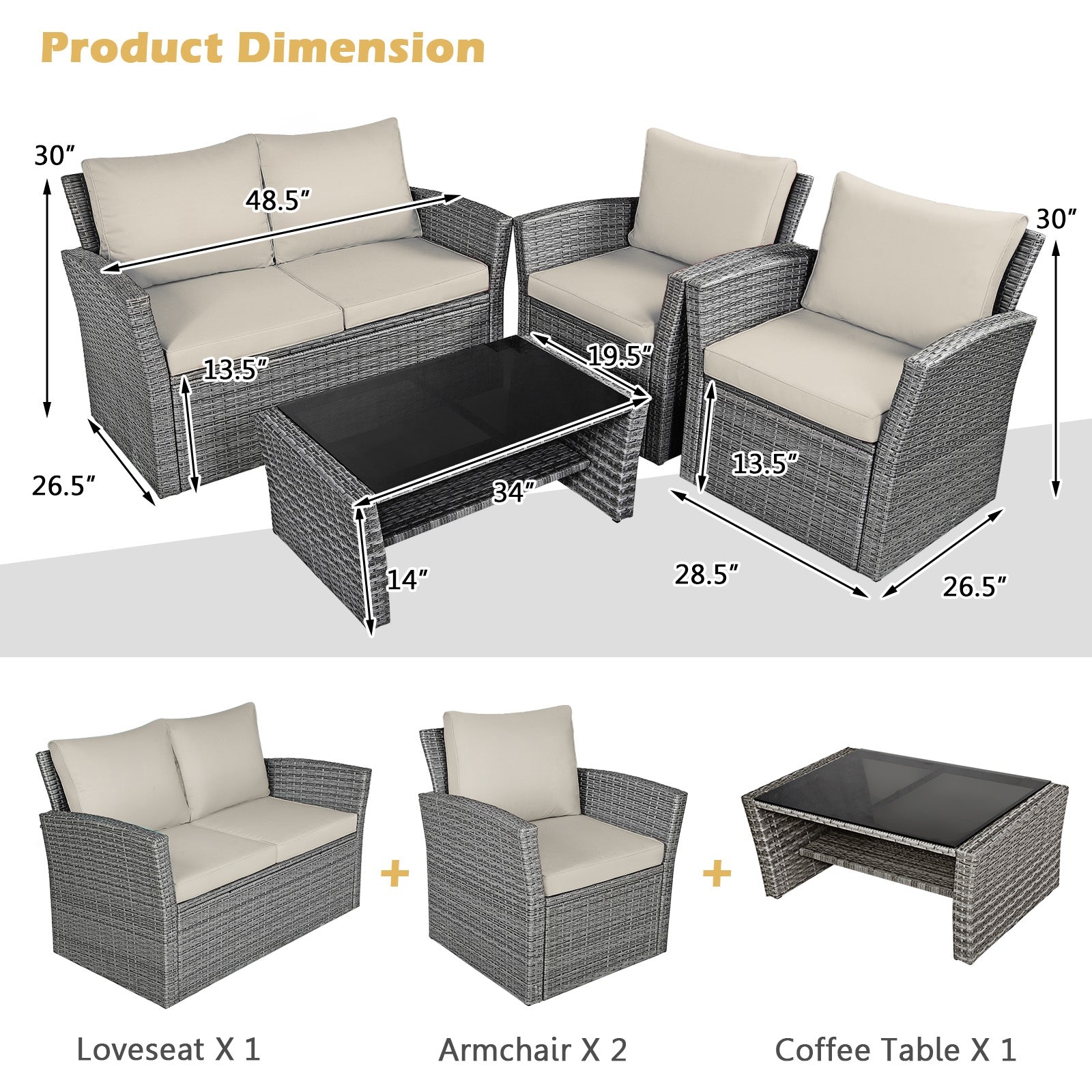 4 Pieces Patio Rattan Furniture Set Sofa Table with Storage Shelf Cushion-Beige
