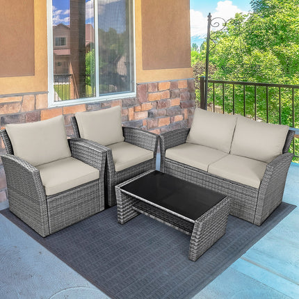 4 Pieces Patio Rattan Furniture Set Sofa Table with Storage Shelf Cushion-Beige