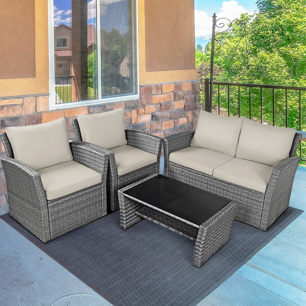 4 Pieces Patio Rattan Furniture Set Sofa Table with Storage Shelf Cushion-Beige