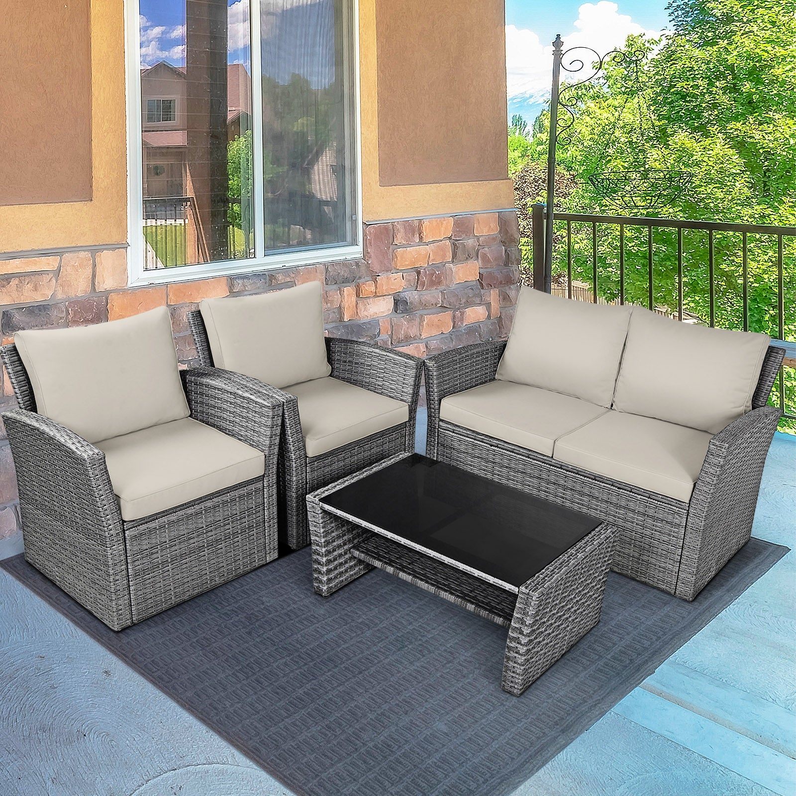 4 Pieces Patio Rattan Furniture Set Sofa Table with Storage Shelf Cushion-Beige