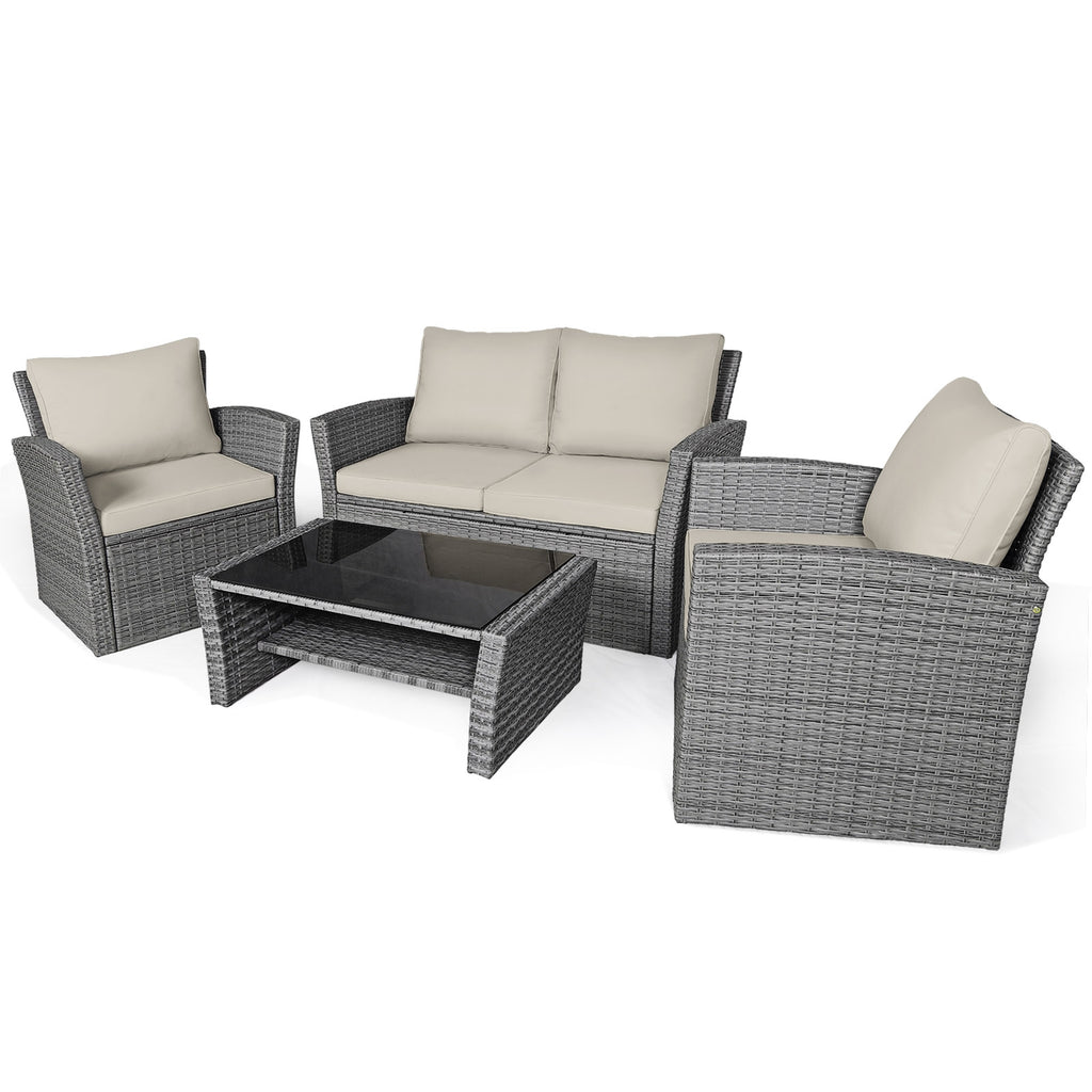 4 Pieces Patio Rattan Furniture Set Sofa Table with Storage Shelf Cushion-Beige