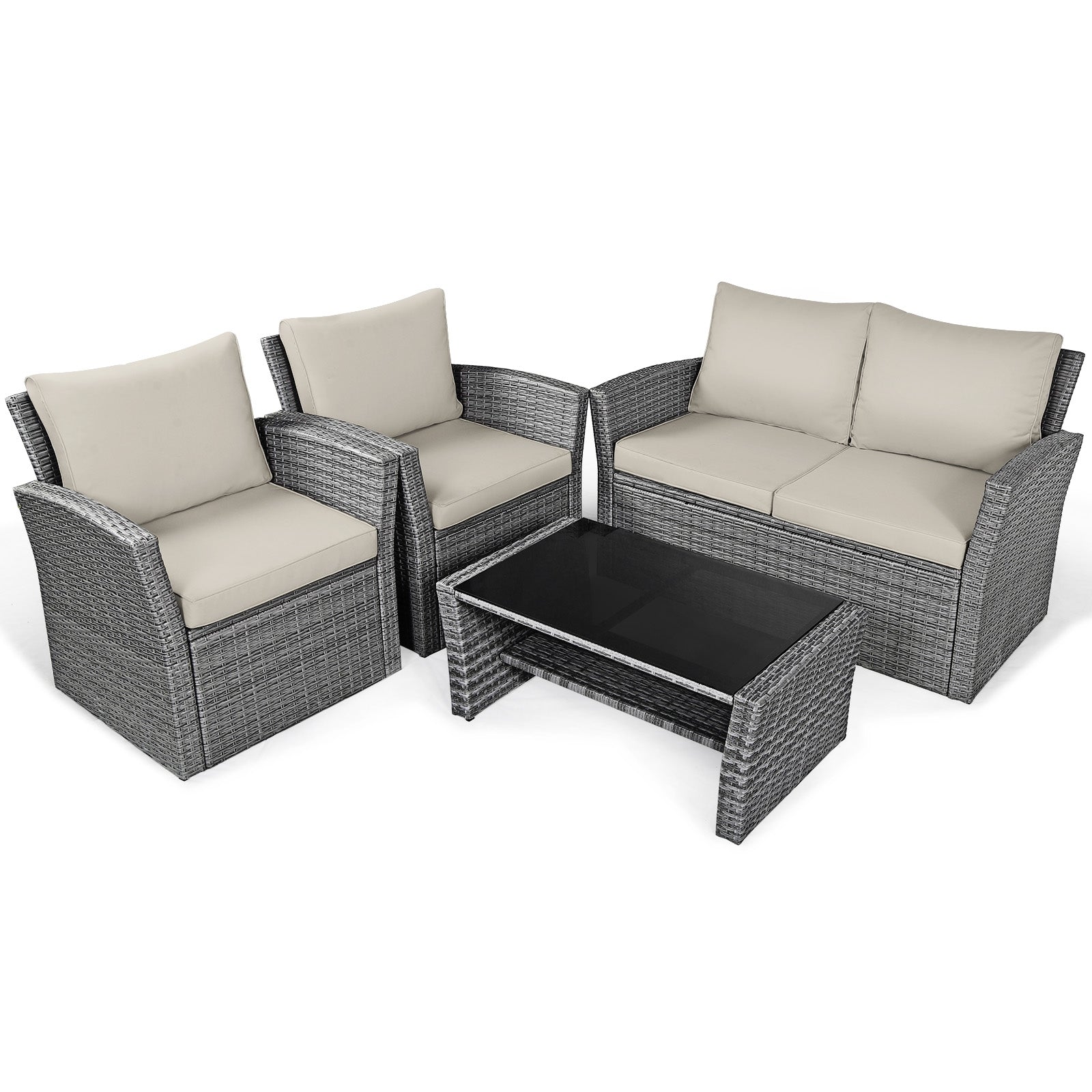 4 Pieces Patio Rattan Furniture Set Sofa Table with Storage Shelf Cushion-Beige