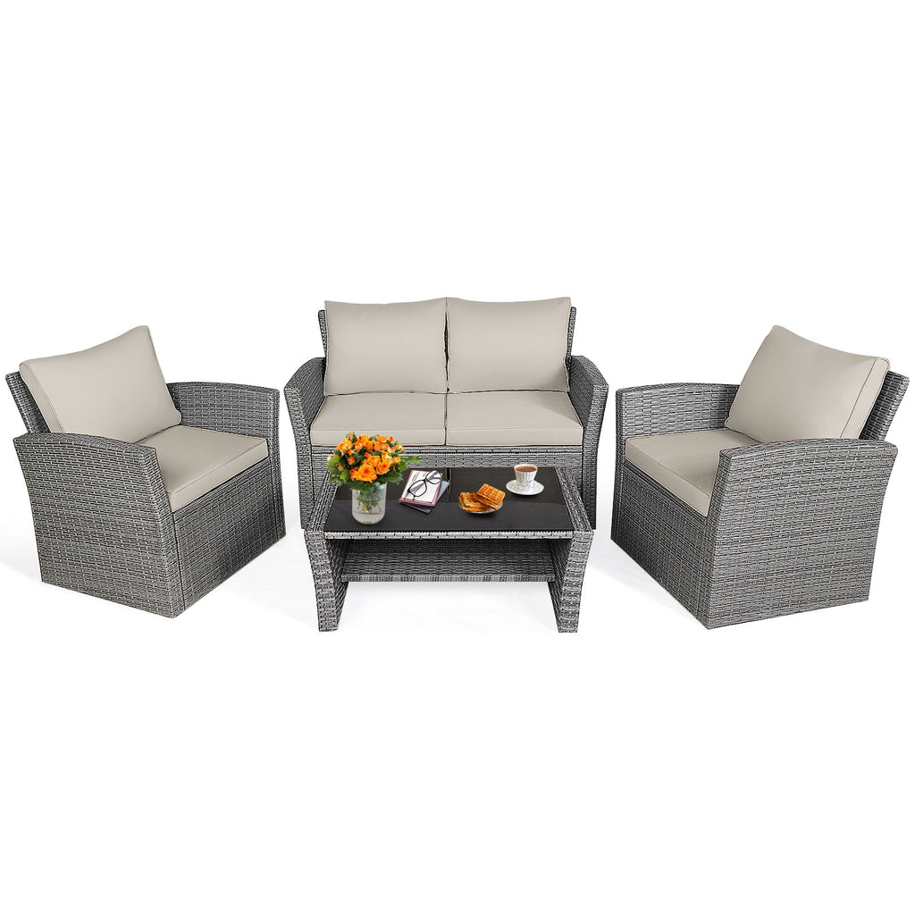 4 Pieces Patio Rattan Furniture Set Sofa Table with Storage Shelf Cushion-Beige