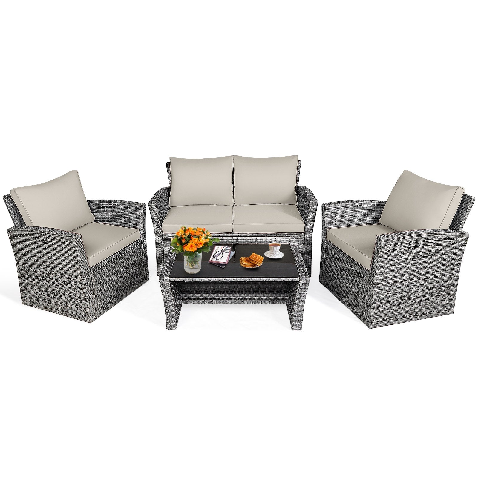 4 Pieces Patio Rattan Furniture Set Sofa Table with Storage Shelf Cushion-Beige