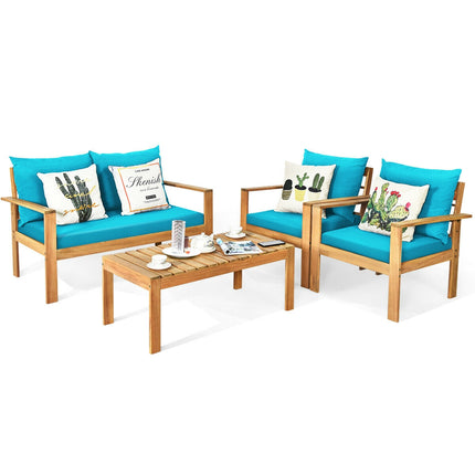 4 Pieces Patio Acacia Wood Thick Cushion Loveseat Sofa Set-Turquoise
