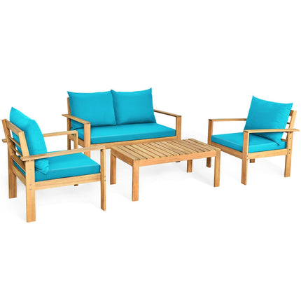 4 Pieces Patio Acacia Wood Thick Cushion Loveseat Sofa Set-Turquoise