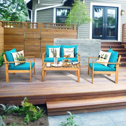 4 Pieces Patio Acacia Wood Thick Cushion Loveseat Sofa Set-Turquoise