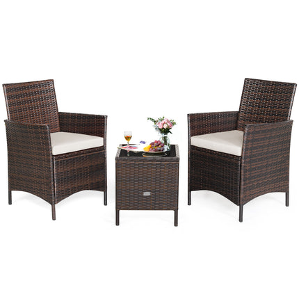 3 Pcs Patio Rattan Furniture Set Cushioned Sofa and Glass Tabletop Deck-White
