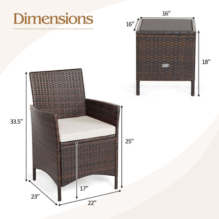 3 Pcs Patio Rattan Furniture Set Cushioned Sofa and Glass Tabletop Deck-White