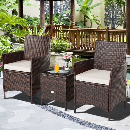 3 Pcs Patio Rattan Furniture Set Cushioned Sofa and Glass Tabletop Deck-White