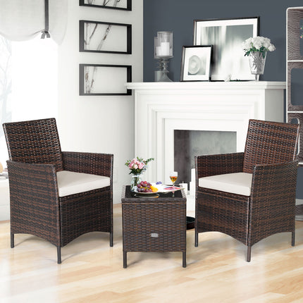 3 Pcs Patio Rattan Furniture Set Cushioned Sofa and Glass Tabletop Deck-White