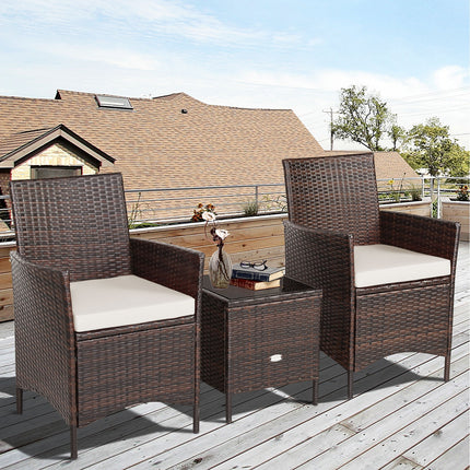 3 Pcs Patio Rattan Furniture Set Cushioned Sofa and Glass Tabletop Deck-White