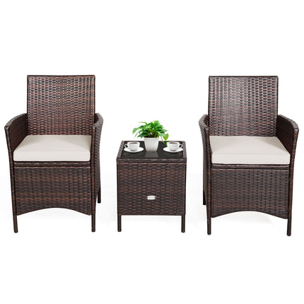 3 Pcs Patio Rattan Furniture Set Cushioned Sofa and Glass Tabletop Deck-White