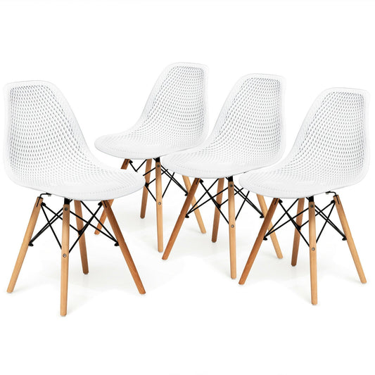 4 Pieces Modern Plastic Hollow Chair Set with Wood LegWhite