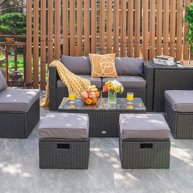 8 Pieces Patio Rattan Storage Table Furniture Set-Gray