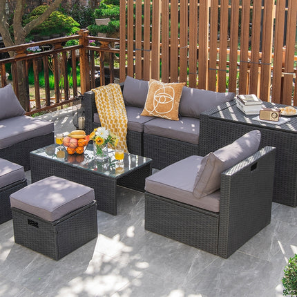 8 Pieces Patio Rattan Storage Table Furniture Set-Gray